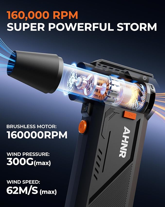Compressed Air Duster, 160,000RPM Electric Air Duster Blower for PC | 3-Gear Adjustable Mini Air Duster Rechargeable with Brushless Motor, Dust Blower for Computer, Keyboard, Home, Outdoor & Car