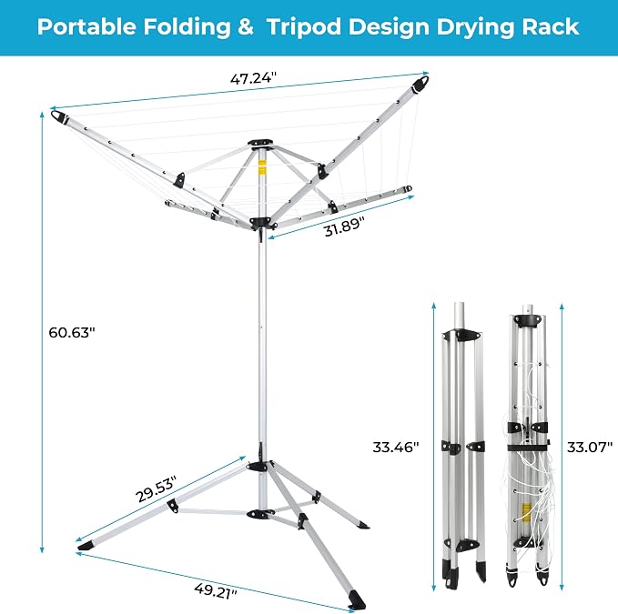 JS HANGER Drying Natural Clothes Airer Outdoor Portable 4-arm Aluminum Drying Rack w/Ground Stake, Carry Bag, 28-Lines with 65 ft. Umbrella Clothesline