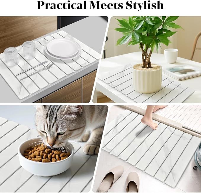 Large Stone Dish Drying Mat for Kitchen Counter, Foldable Quick Drying Dish Mats, Ultra Absorbent Diatomaceous Earth Mats for Dishes Bottles Cups, Match Any Countertop (White Marble 24"×16" & 8"x4")