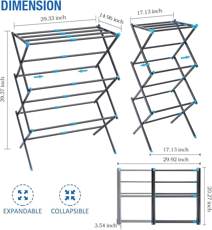 APEXCHASER Oversize 3-Tier Clothes Drying Rack, No Install, Graphite | Expandable Design, Non-slip feet, Tool-free Setup, Rust Prevention, Sturdy Construction, 14.9" D x 29.3" W, Holds 24lbs