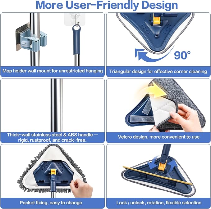 Wall Cleaner Mop, 80" Long Handle, 360° Ceiling Cleaning Tool | 5-in-1 Triangle Wall Mop for Painted Walls, Drywall, Baseboard, with Chenille Microfiber (6 Replacement Pad) Brush Scraper