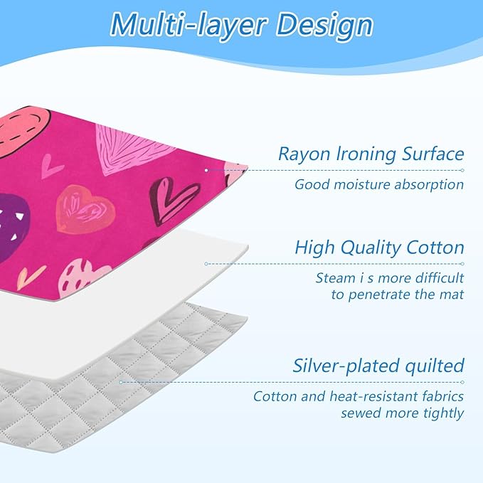 Hot Pink Doodle Hearts Stars Valentine Ironing Mat Portable Ironing Pad Blanket with Silicone Iron Rest for Table Top Travel Heat Resistant Double-Side Using Large 47x28 Inch Foldable