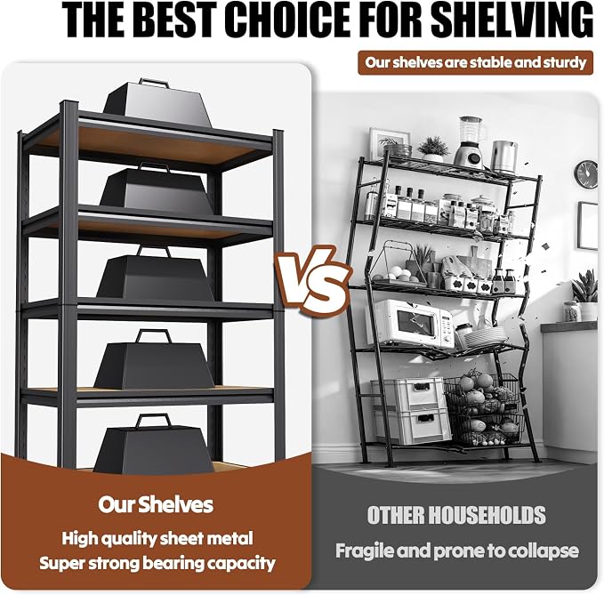 71.2''H Wood Storage Shelves,Garage Shelving,Adjustable Garage Shelves,Heavy Duty Metal Shelving, 5 Tier Wood Utility Steel Shelf, Shelving Units and Storage Rack fo Kitchen Pantry Laundry
