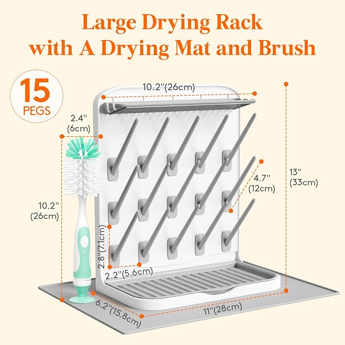 Lifewit 15-Hooks Baby Bottle Drying Rack with Drain Mat & Brush, BPA Free | Vertical Bottle Storage Organizer, Stand-Up Dryer Holder for Pacifiers, Pump Parts, Baby Stuff, Newborn Essentials Must Haves