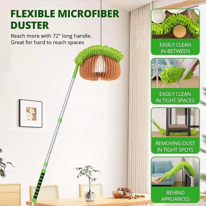 Ceiling Fan Cleaner Duster with 6 Ft/72'' Extension Pole High Ceiling Fan Blade Cleaning Tool Microfiber Duster Reusable Pads for Cleaning Ceiling Fan, Baseboard, Blind, Cobweb, Molding