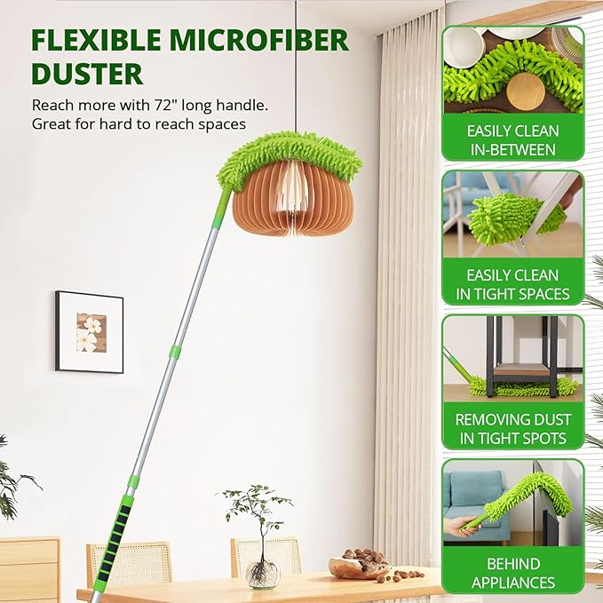 Ceiling Fan Cleaner Cobweb Duster with 6Ft/72'' Extension Pole High Ceiling Fan Blade Cleaning Tool Microfiber Duster Reusable Pads for Cleaning Ceiling Fan, Spider Web, Baseboard, Blind