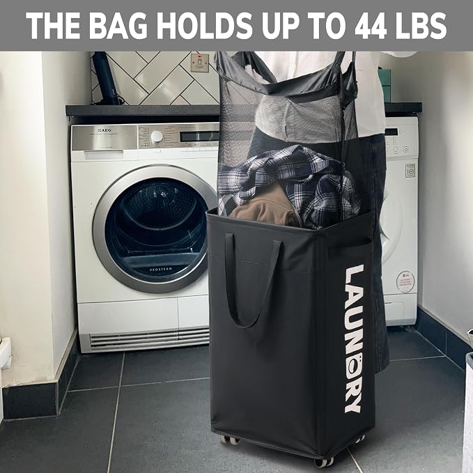 Goodpick 75L Dirty Clothes Hamper with Removable Wash Bag, Rolling Hamper | Black Laundry Hamper with Wheels, Large Laundry Basket with Handles for Dorm Laundry Room, Rolling Laundry Basket