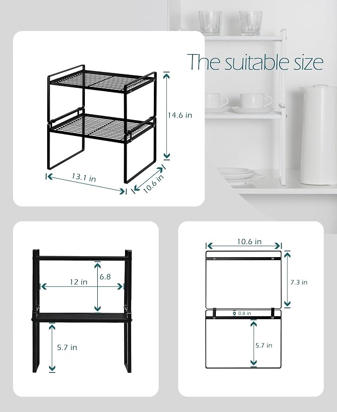Shantton 2Pack Kitchen Cabinet Shelf Counter Organizer Rack Pantry Storage Bathroom Bedroom Office Table Desk Space Saving Stackable Rust Resistant Non Slip Black Wide L13.1in W10.6in H7.3in