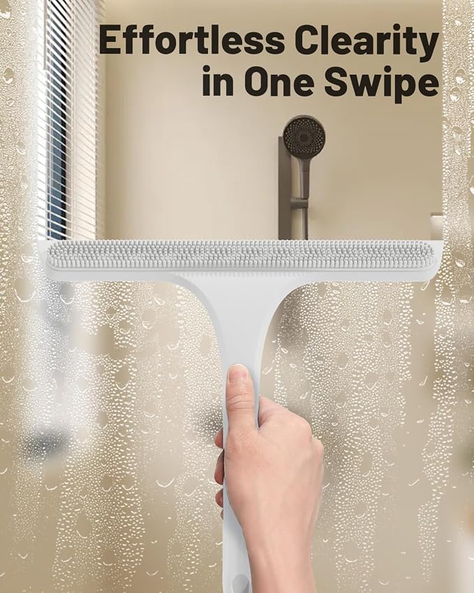 2-in-1 Silicone Shower Squeegee with Hook,Dual-Sided Design with Scraper & Scrub Surface,Streak-Free Bathroom Squeegee for Glass Doors,Mirrors,Windows,Car Windshields (White)