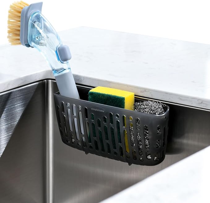 simpletome Sink Caddy Basket, Sinkware Organizer, 3X Strong Suction Cups Or Countertop (Translucent Grey) | include 3 suction cups and 1 adhesive backing | make kitchen sink tidy | kitchen essentials | can be placed upright counter