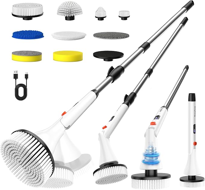 MayKing Electric Spin Scrubber with 9 Brush Heads, IPX7, Model White | 3-Angle & 4-Length Adjustable Cordless Power Scrubber, 3-Speed & Battery LED Display, for Bathroom, Tub, Floor & Tiles