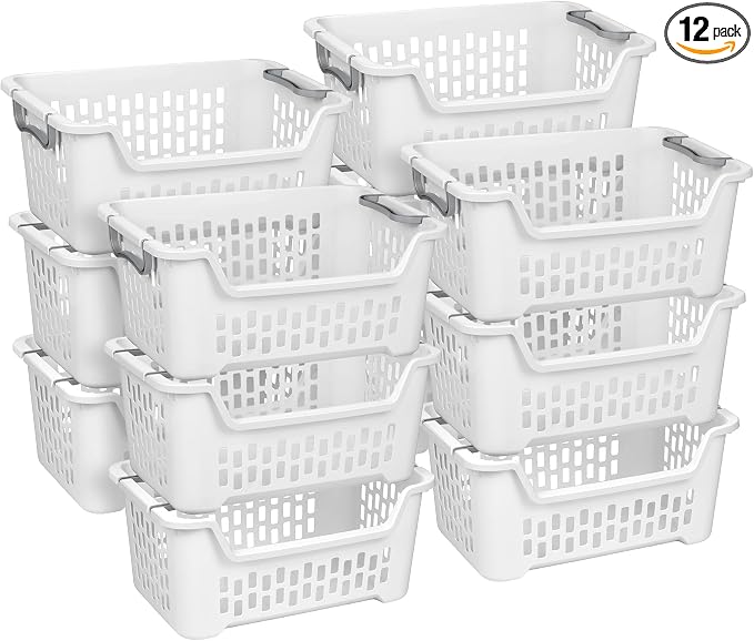 Sterilite 12 Pack Stacking Laundry Basket, 2 Bushel Clothes Hamper, White | Stackable Laundry Basket, Large Rectangular Storage Bin with Carrying Handles and Large 2 Bushel Capacity