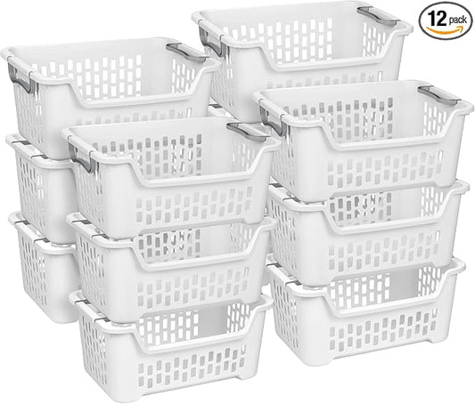 Sterilite 12 Pack Stacking Laundry Basket, 2 Bushel Clothes Hamper, White | Stackable Laundry Basket, Large Rectangular Storage Bin with Carrying Handles and Large 2 Bushel Capacity