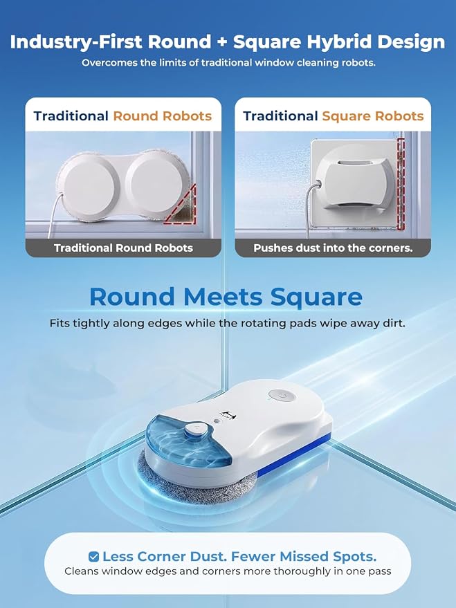 HUTT Window Cleaning Robot, 6500Pa Strong Suction Robot Window Cleaner with World-First Round-Square Dual-Stage Cleaning, Ultrasonic Dual Spray, Edge Cleaning & Corner Coverag, 30Min Backup Protection