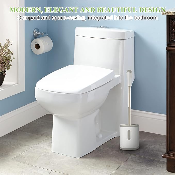 AONEZ Compact Toilet Brush & Holder, Stainless Steel Handle, Space Saving for Storage, Deep Cleaning, Drip-Proof, Easy to Assemble, Nylon Bristles, White & Grey
