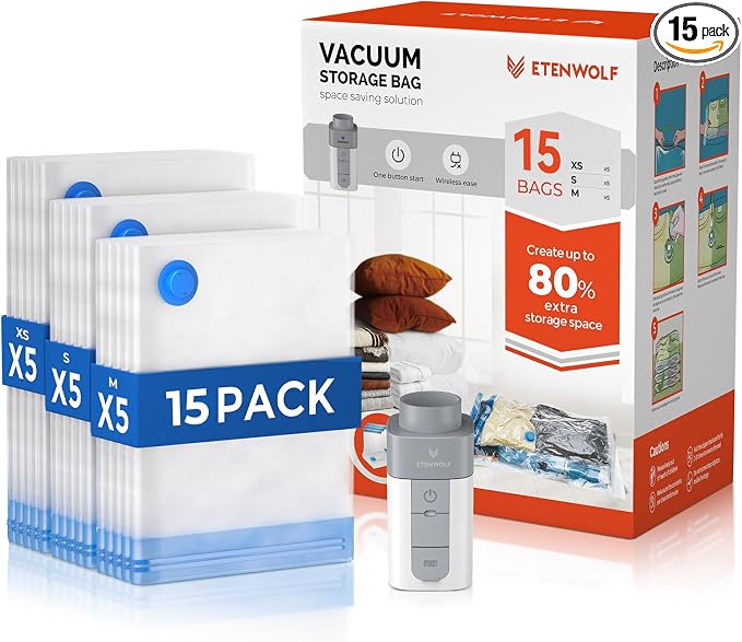 ETENWOLF 15 Combo Vacuum Storage Bags for Travel with Wireless Pump | Vacuum Seal Bags for Clothing Travel, Compression Packing Bags for Clothes and Blankets, Space Saver Bags in Carry-On Sizes