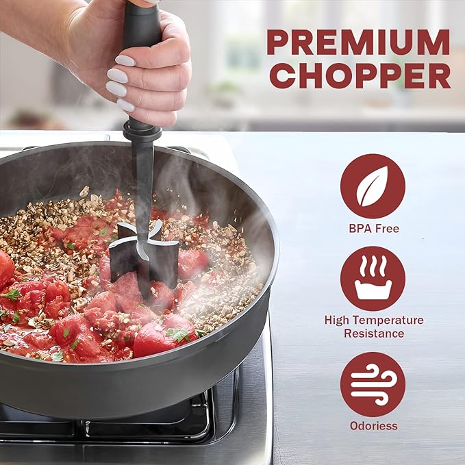 Meat Chopper, Hamburger Grinder, Premium Heat Resistant Smasher for Ground Beef, Burger Grinder Nylon Potato Mix Tool, Meat & Poultry Tenderizers-Black