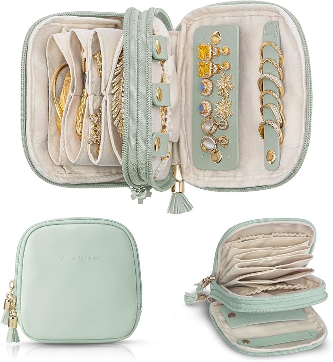 VLANDO 2-Layer Jewelry Travel Case for Necklaces,Rings,Earrings | Portable Organizer with Zip Closure Keeps Small Jewelry Separated for Vacations, Carry-On Purse, Weekend Trips, Green Grape