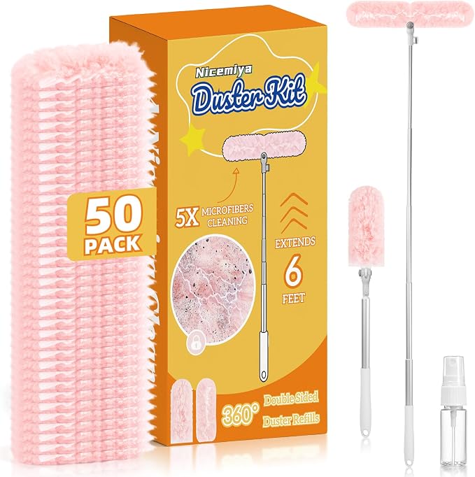 6 ft Extendable Duster Kit with 50 Pink Refills for Swiffer Duster | 360 Heavy Duty Duster Refills, 5X Microfibers Trap Dust, Long Extended Handle for Ceiling Fan, Vents and Hard to reach Areas