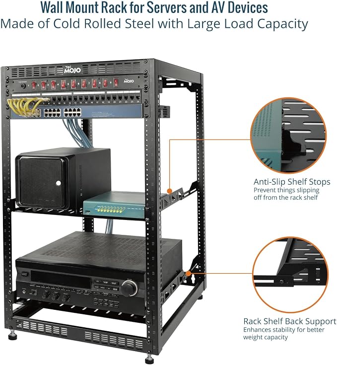 Tecmojo 20U Open Frame Network Rack for IT & AV Gear, AV Rack Floor Standing or Wall Mounted,with 2 PCS 1U Rack Shelves & Mounting Hardware,Network Rack for 19" Networking,Audio and Video Device