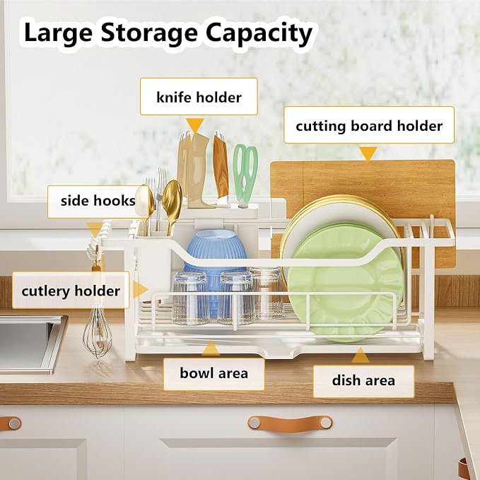 AIDERLY Narrow Dish Drying Rack Dish Drainer, White | Auto Drain, Iron Construction, Removable Cutlery Basket, For Kitchen Counter