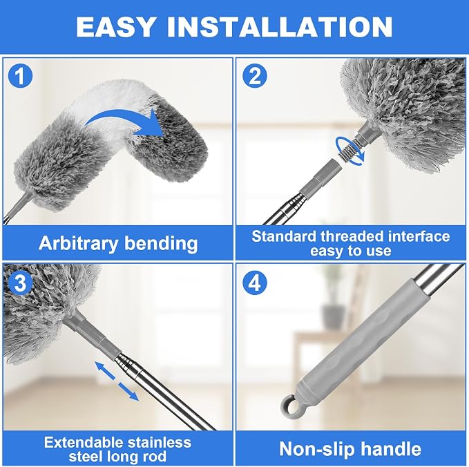Dusters for Cleaning,Feather Duster with Extension Pole,Ceiling Fan Cleaner Duster,Long Duster Extended Handle,Blind Cleaner Dusting | Bendable Head Dusters for Cleaning Ceiling Fan, High Ceiling, Blinds, Furniture