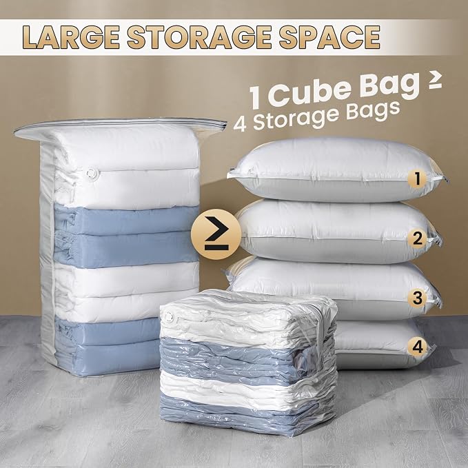 TAILI 8 Pack Vacuum Storage Bags, Cube Space Saver Bags Combo(3 Jumbo +5 Medium), Vacuum Seal Bags for Bedding, Clothing, Comforters, Blankets, No Pump Compression Cube, 2 Size, Cream
