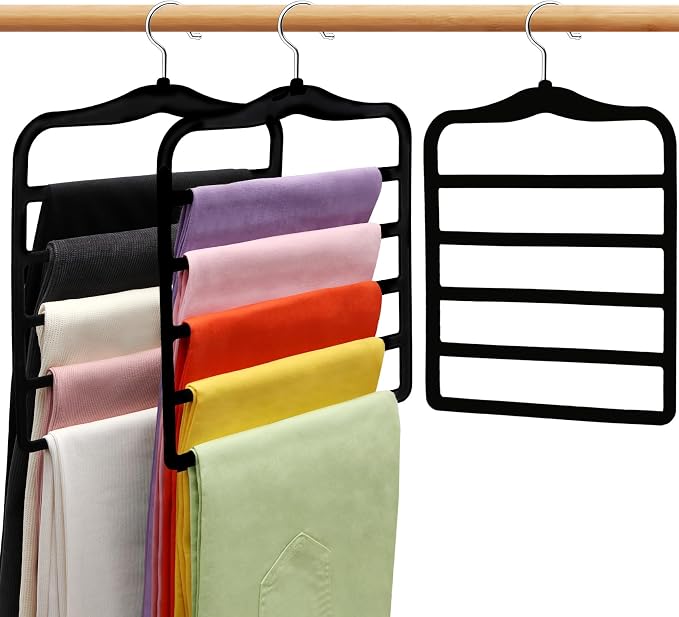 Closet Organizers and Storage, 3 Pack Velvet Pants-Hangers-Space-Saving | Non Silp 5 Tier Scarf Jeans Closet Organizer, Dorm Room Essentials for College Students Girls Boys Guys, Home Storage