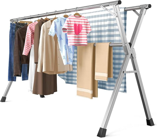 Folding Stainless Steel Laundry Drying Rack 95 Inches | Heavy-duty stainless steel, Foldable & Retractable, Holds up to 150 lbs, Includes 20 windproof hooks for indoor & outdoor use