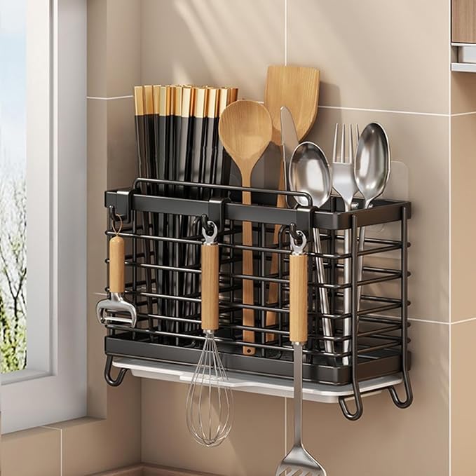 Stainless Steel Utensil Holder, Countertop Drying Rack with Drain Tray & Towel Bar, Space Saving Kitchen Organizer(Black)