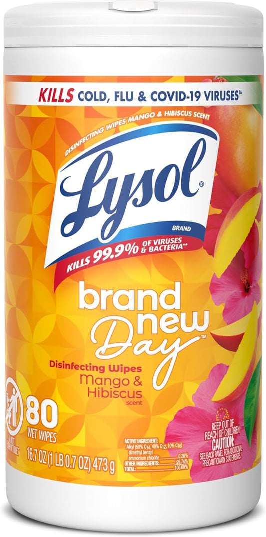 LYSOL Disinfecting Wipes, All Purpose Cleaner, Multi-Surface Antibacterial Cleaning Wipes, Household Cleaning Supplies, Dorm Essentials, Mango & Hibiscus Scent, 80 ct.