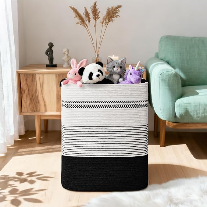 Laundry Hamper, 95L Tall Laundry Basket with Leather Handles, Rectangle Large Clothes Hamper for Organizing, Cotton Woven Laundry Baskets Storage Hampers for Bedroom, Nursery, Living Room