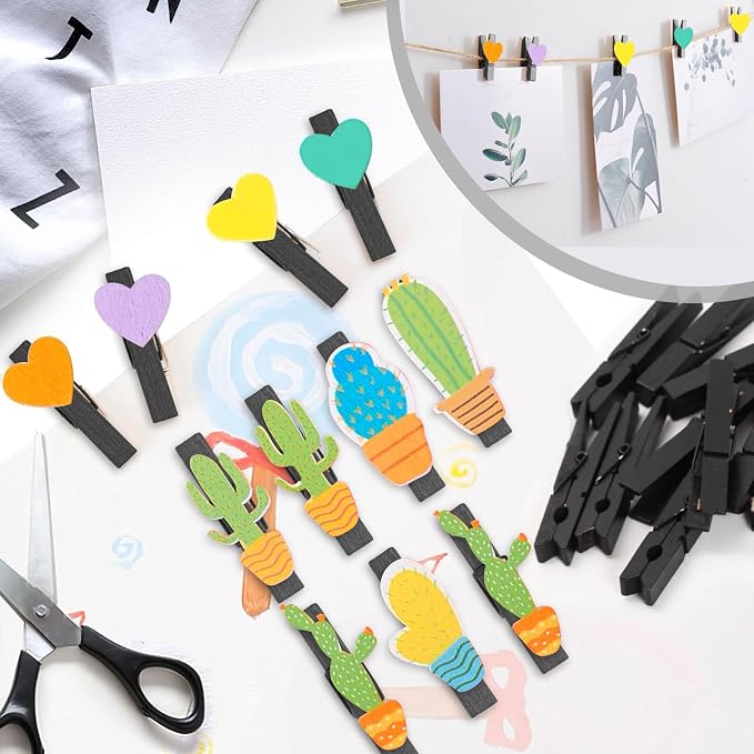 50PCS Black Wooden Clothespins 2.9 Inch Color Clothes Pins for Pictures | Colorful Close Pins Wood for Photos Classroom School Decoration Craft Cheer