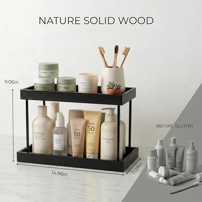 WOPITUES Bathroom Counter Organizer,2 Tier Perfume Organizer,Wooden Bathroom Organizers and Storage for Makecup Perfume Skincare,Countertop Organizer in Kitchen,Bedroom,Coffee Bar,Black