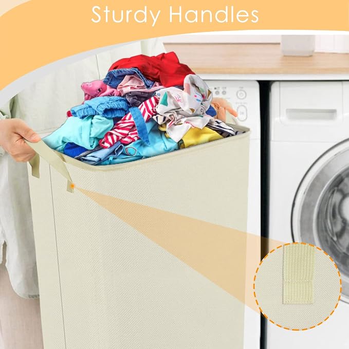 SNIGJAT Large Laundry Basket, 80L Collapsible Tall Hamper with Handle Beige | Dirty Clothes Hamper for Bedroom, Rectangular Sturdy Laundry Basket for College, Dorm, Towels, Toys