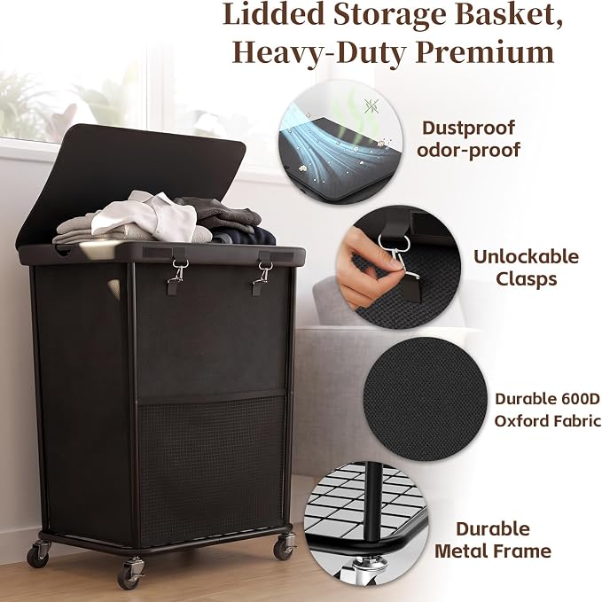 Laundry Hamper with Wheels and Lid, 150L Large Rolling Laundry Basket Black | Heavy Duty Clothes Organizer, Sturdy Metal Frame, Lockable Swivel Casters, Removable Bag, For Bedroom, Bathroom, Laundry Room