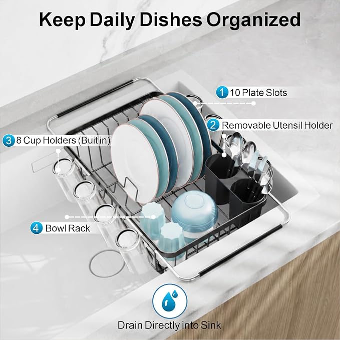 GSlife Dish Drying Rack Over the Sink with Twist-Lock Extendable Handle | Stainless Steel Dish Drainer with Cup Holder and Utensil Holder for Small Kitchen Apartment RV, Rustproof, Gunmetal Grey