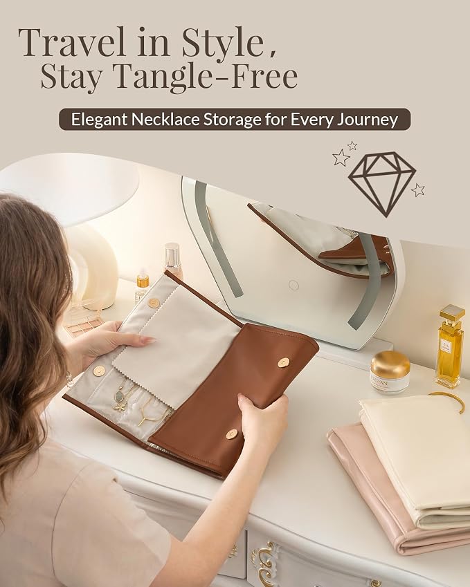 Lolalet Travel Necklace Organizer, Foldable Jewelry Case, Caramel, 12 Slots | Tangle-Free, Roll Up, PU Outer, Velvet Lining, Space-Saving, for Chains Bracelets, Gift for Women Girls Daughters Friends