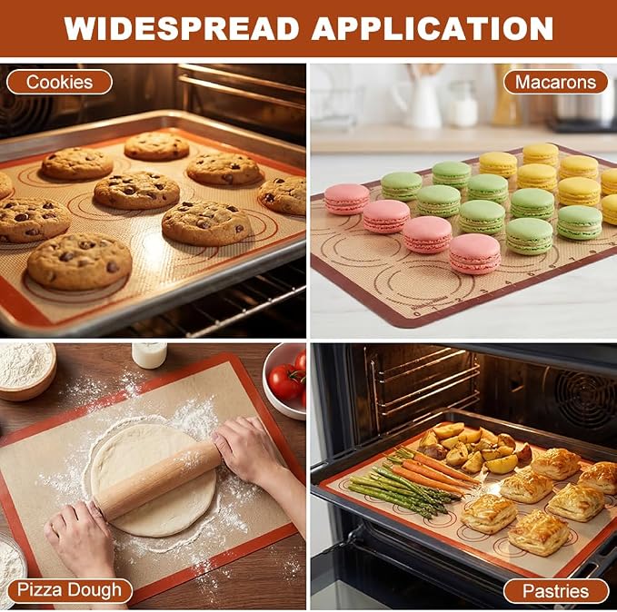 Silicone Baking Mat Set, Extra Thick Silicone Mats, 6-Pack Nonstick Baking Sheet Liners, Reusable Oven Mats, Heat Resistant -40°F to 446°F, Dishwasher Safe for Macarons, Cookies, Pizza, Bread