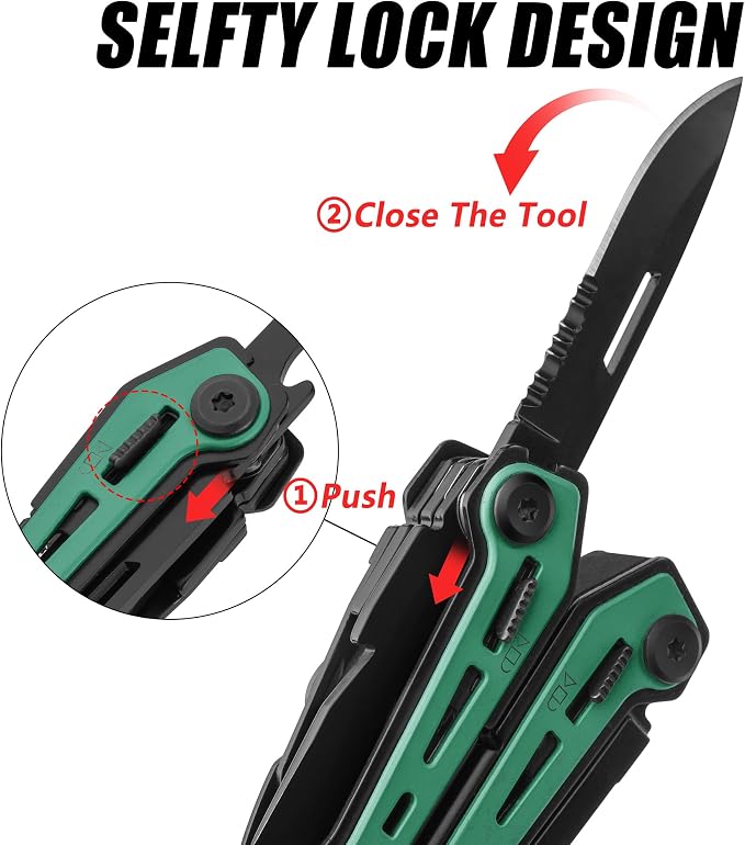FLISSA 16-In-1 Multi-Tool Pliers, EDC Multitool, Multipurpose Tool, Green | Gift for Men, Stainless Steel, Pocket Knife, Belt Clip, Oxford Pouch, Safety Locking, For Camping, Survival & Outdoor