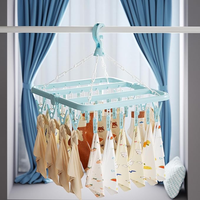Laundry Drying Rack with 32 Clips, Foldable, Light Blue | 32 Clips, Foldable
