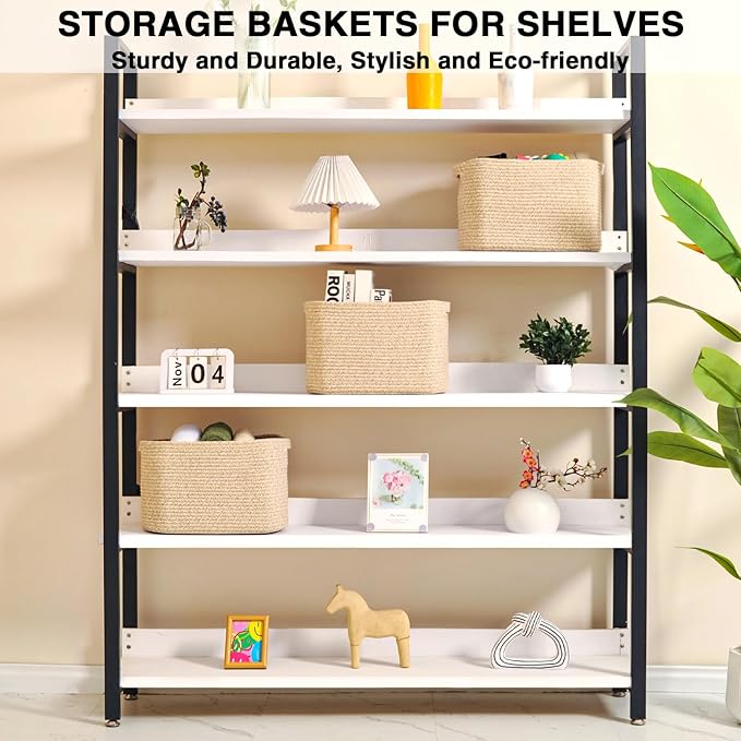 Storage Baskets for Organizing Shelves, Woven Cotton Rope Basket for Storage, Dog Toy Baskets Storage Kids, Cute Shelf Basket for Living Room Bedroom, 14.8"×11"×9.5", Pack of 3, Brown