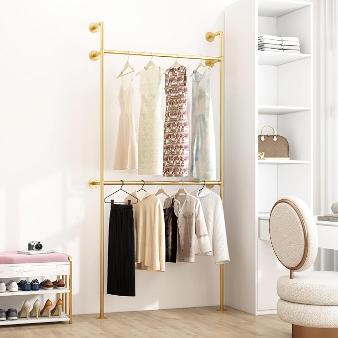 ORSENIGO Industrial Pipe Clothing Rack, Heavy Duty Metal Clothes Rack with Double Rods for Hanging Clothes, Wall Mount Space-Saving Garment Display Rack (Single, Gold)