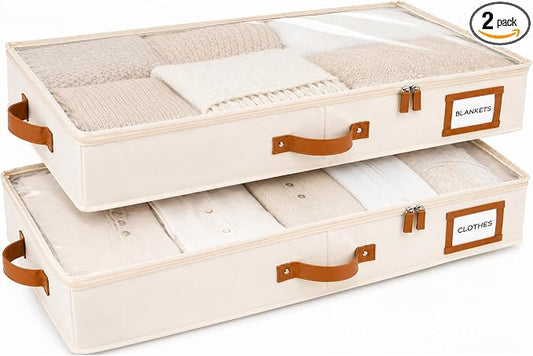 HOMELUX THEORY 2pc Low Profile Under Bed Storage Containers, Thin Under Couch Storage Organizer with Bins & Lids, Underbed Storage Box Ideal for Seasonal Clothes, Blankets, Fabric & Shoes (Ivory)