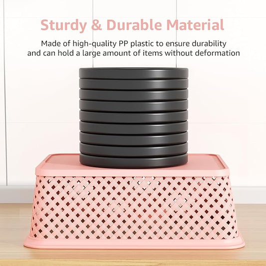 MaxGear Organization and Storage 3 Packs, Plastic Bins Organizer Bins, Woven Baskets for Storage, Plastic Baskets with Handles, Pink Basket for Organizing, Basket Organizer for Home and Office, Large