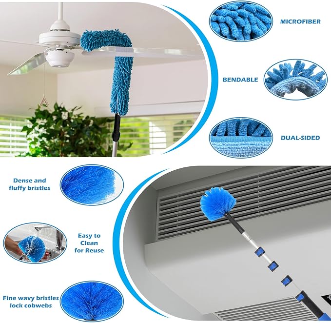 16FT Reach High Ceiling Duster Kits with 3-12FT Adjustable Pole - Includes Extra Long Duster, High Ceiling Duster, Rotatable Window Squeegee & Cobweb Duster for Ceiling Fans and Whole House Cleaning