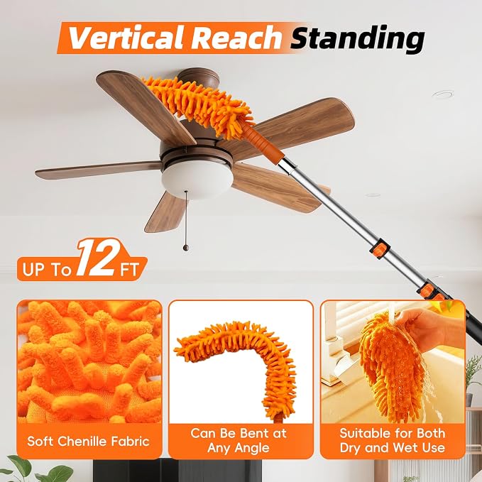 20 Foot High Dusters for Cleaning with 3-12 Foot Heavy Duty Extension Pole | High Reach Duster, Extendable Reusable Cobweb, Feather, Ceiling Fan Cleaner Duster, Window Squeegee Kit