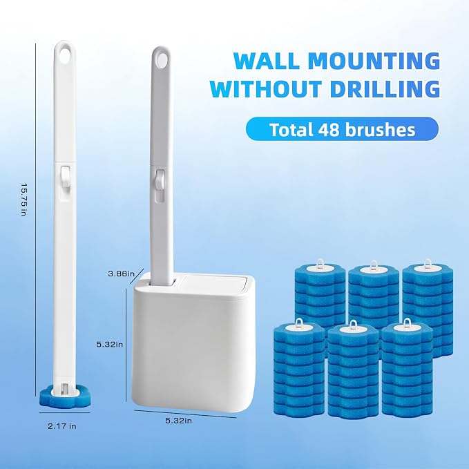 Disposable Toilet Brush Set with 48 Refills, Wall-Mount Holder, Space-Saver | Auto-Open/Close Lid Base provides a complete touch-free experience for cleaning the toilet while keeping your interior tidy