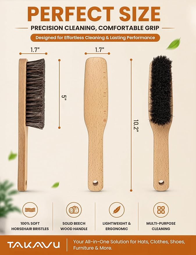 TAKAVU 10.2in Horsehair Hat & Shoe Brush, Long Handle Felt Cleaner | Soft Bristle Dusting Wardrobe Brush for Lint, Pet Hair, Suits, Coats, Upholstery & Garments, Wooden Extended Grip