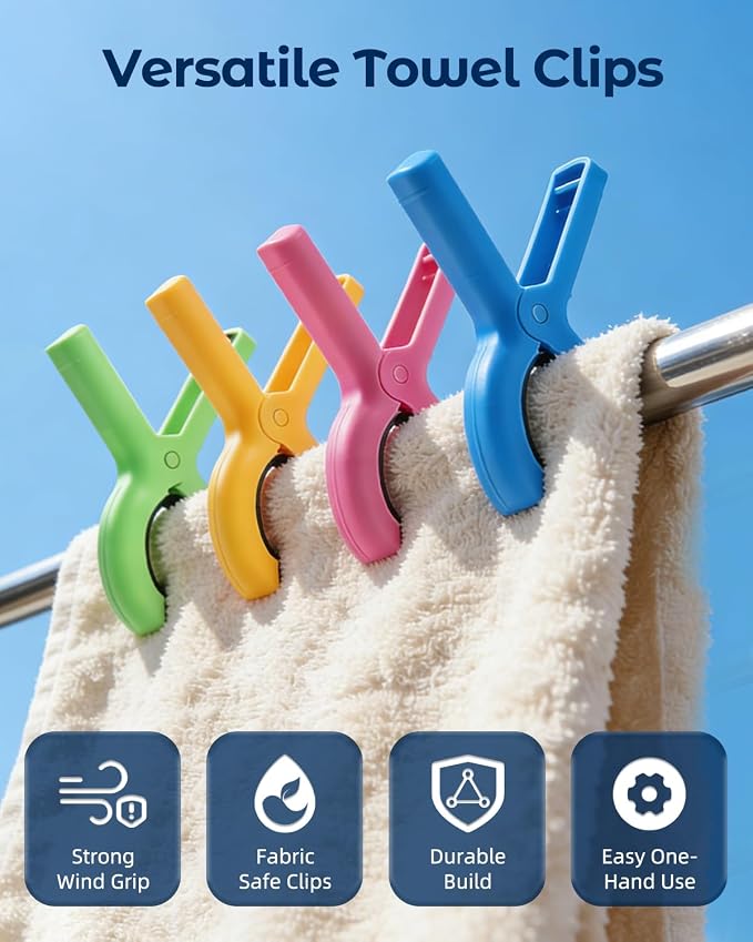 20 Pack Beach Towel Clips Heavy Duty Large Beach Essentials Chair Pool Clip | Beach accessories Silicone Protection Rust Resistant Spring Reusable Multi Use for Beach boat Cruise Camping and Outdoors